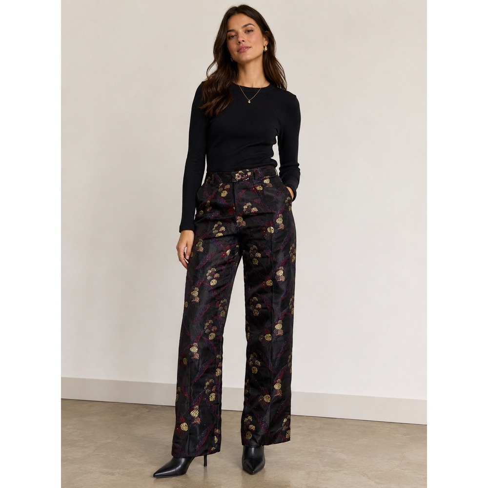 Whistles London Black Gold Floral Brocade Trousers Metallic Jacquard Pants US 6